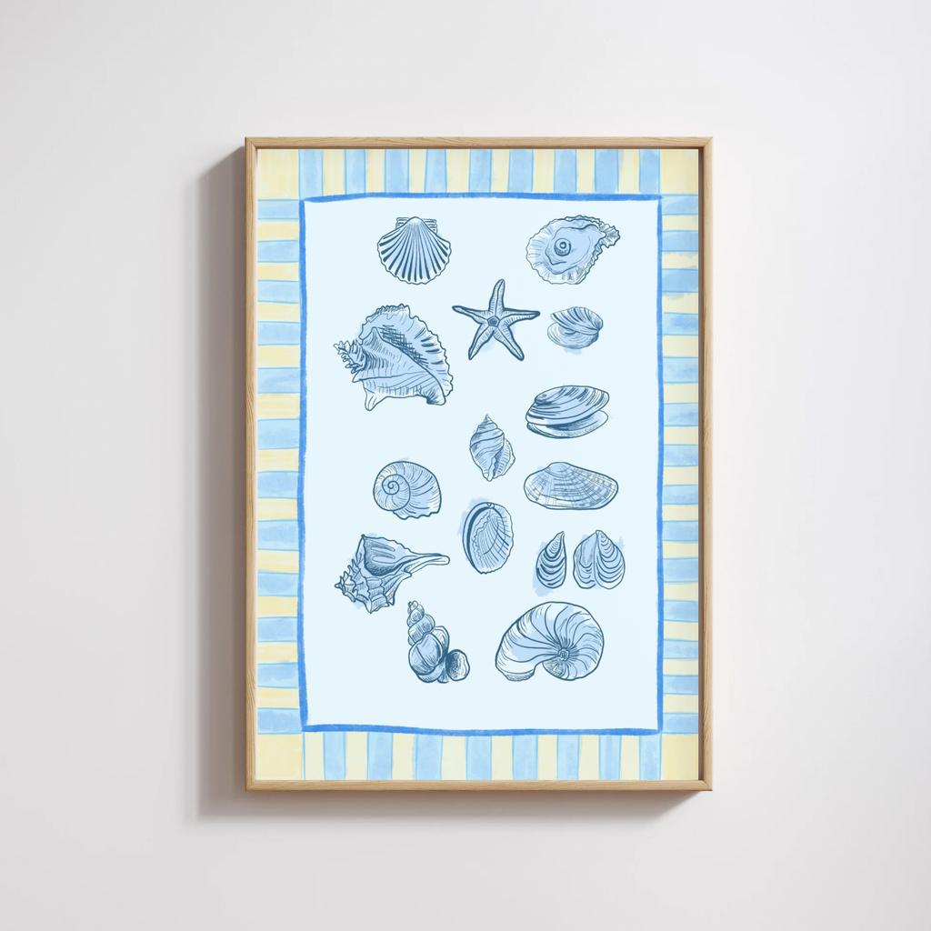 Nautical Sea Shell Blue & Yellow Digital Wall Art