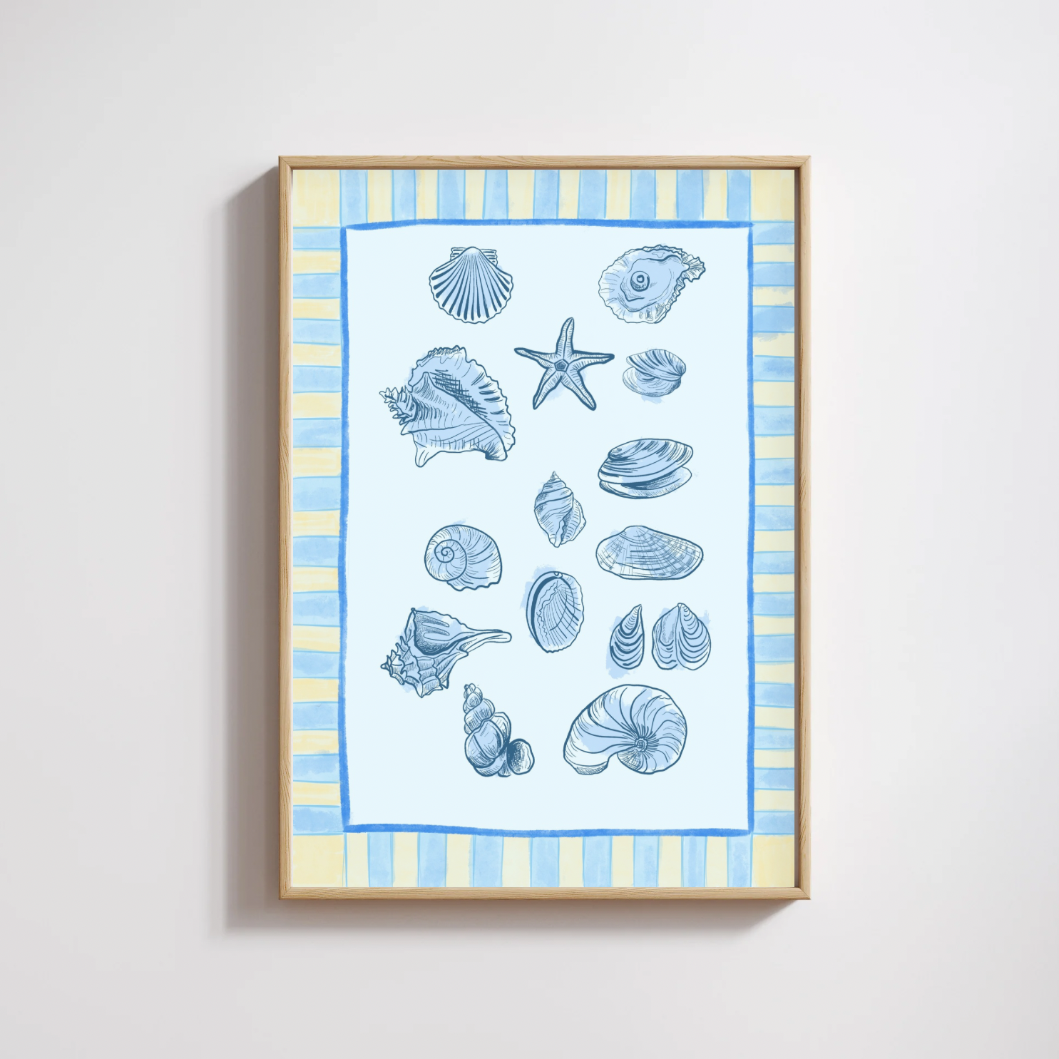 Nautical Sea Shell Blue & Yellow Digital Wall Art