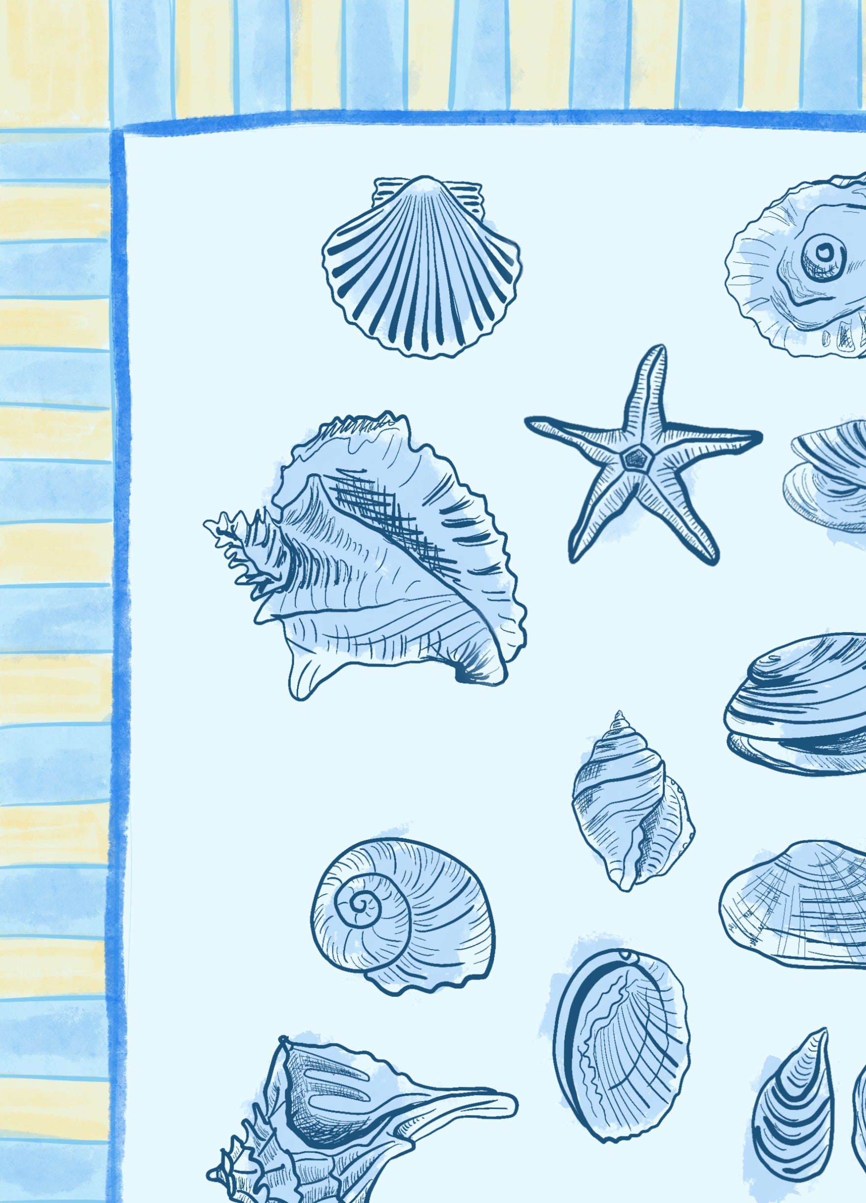 Nautical Sea Shell Blue & Yellow Digital Wall Art